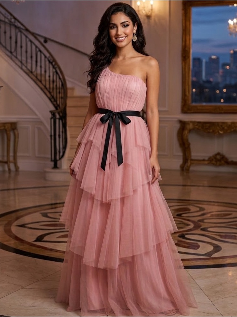 City Studio One-Shoulder Blush Pink Tiered Tulle Gown with Black Sash